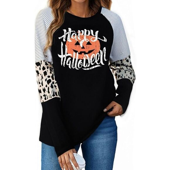 Halloween Shirt - Happy Halloween Pumpkin Face Graphic Womens Long Sleeve - Picture 7 of 7